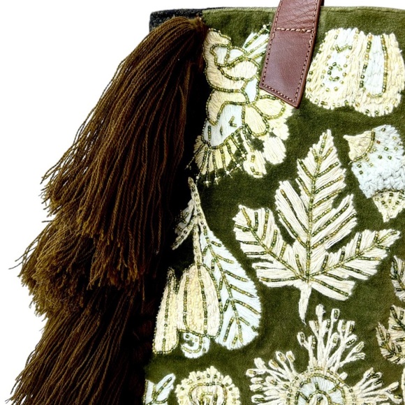 Anthropologie Handcrafted Embroidery Beaded Fringed Tote Bag Velour Wool Boho - Picture 2 of 16